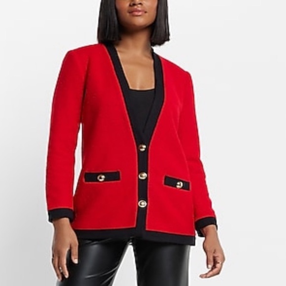 NWOT Express Tipped TWEED Novelty Gold Button
JACKET BLAZER Coat Black Trim - Picture 2 of 7